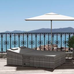 OUTSUNNY 2 Person Rattan Daybed Lounger Garden Recline Chair Furniture Adjustable in Grey