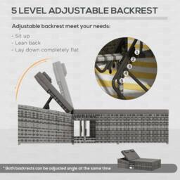 OUTSUNNY 2 Person Rattan Daybed Lounger Garden Recline Chair Furniture Adjustable in Grey - thumbnail 6