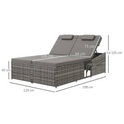 OUTSUNNY 2 Person Rattan Daybed Lounger Garden Recline Chair Furniture Adjustable in Grey - thumbnail 3
