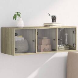 Berkfield Home Wall Cabinet with Glass Doors Sonoma Oak 102x37x35 cm in Light Tan - Size: 102 x 37 x 35 cm - thumbnail 2