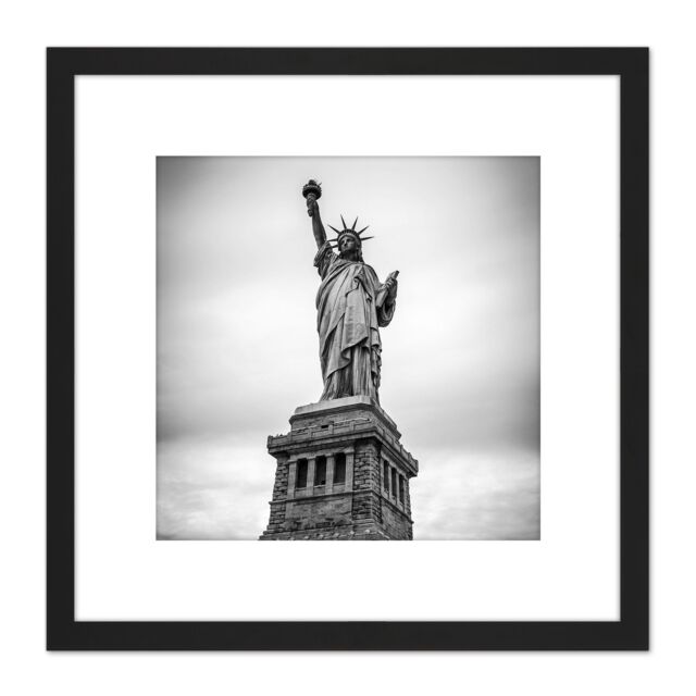 Artery8 Statue Liberty New York Black White 8X8 Inch Square Wooden Framed Wall Art Print Picture with Mount - image 1