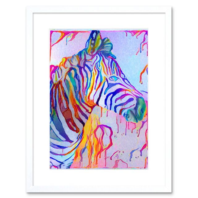 "Artery8 Wall Art Print Rainbow Zebra Painting Framed in White - Size: W7"" x H9""" - image 1