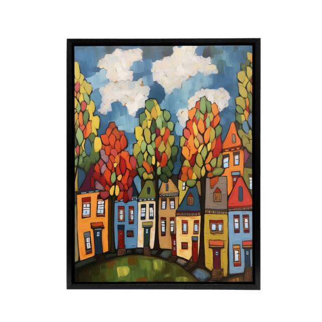 "Artery8 Colourful Cityscape With Autumn Trees Framed Canvas Wall Art Print - Size: W24"" x H32""" - image 1