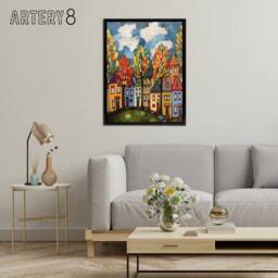 "Artery8 Colourful Cityscape With Autumn Trees Framed Canvas Wall Art Print - Size: W24"" x H32""" - thumbnail 3