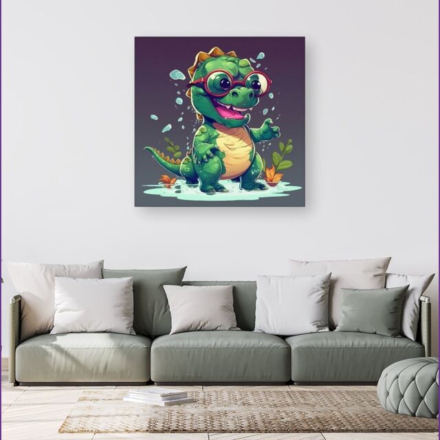 Warren Reed - Designer Happy Dino In A Puddle Canvas - Size: w40 inch x h40 inch - image 1