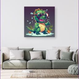 Warren Reed - Designer Happy Dino In A Puddle Canvas - Size: w40 inch x h40 inch - thumbnail 1
