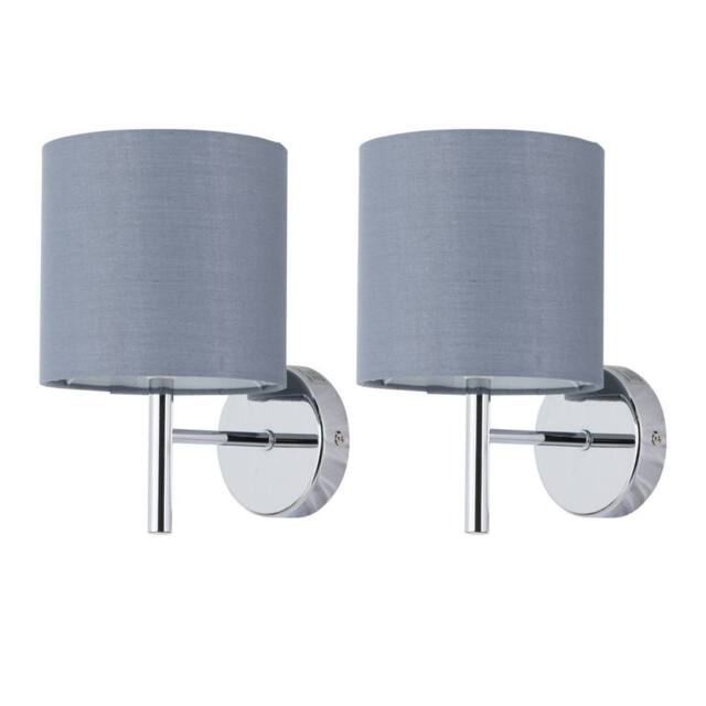 First Choice Lighting Set of 2 Brea - Chrome Wall Lights with Grey Cotton Shades in Silver - image 1