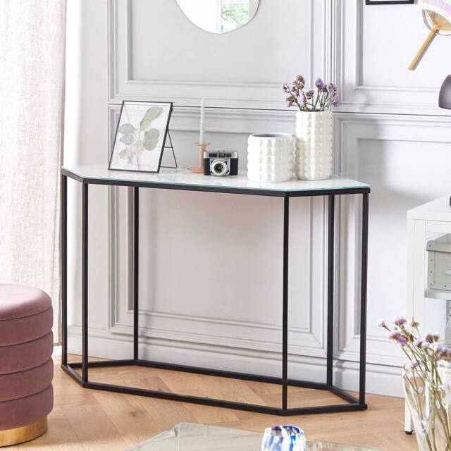 Wyld and Coco Marble Effect Tempered Glass Console Table White Top Black Metal - image 1