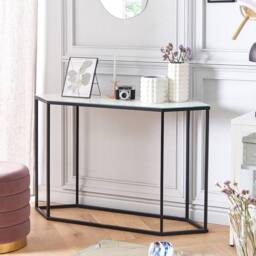Wyld and Coco Marble Effect Tempered Glass Console Table White Top Black Metal - thumbnail 1