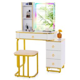 Costway RGB Vanity Table Set Bedroom Dressing Table w/ Mirror & Lights in White - thumbnail 1