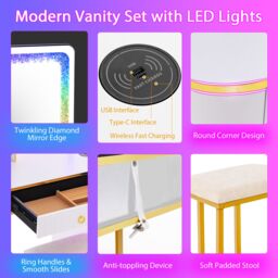 Costway RGB Vanity Table Set Bedroom Dressing Table w/ Mirror & Lights in White - thumbnail 3