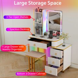 Costway RGB Vanity Table Set Bedroom Dressing Table w/ Mirror & Lights in White - thumbnail 6
