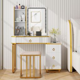 Costway RGB Vanity Table Set Bedroom Dressing Table w/ Mirror & Lights in White - thumbnail 9