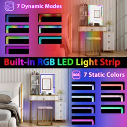 Costway RGB Vanity Table Set Bedroom Dressing Table w/ Mirror & Lights in White - thumbnail 4