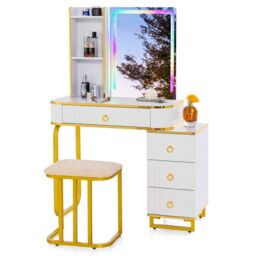 Costway RGB Vanity Table Set Bedroom Dressing Table w/ Mirror & Lights in White - thumbnail 2