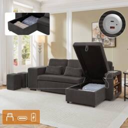 Matteo L-Shaped Convertible Sofa Bed with Storage & Charging Station in Grey - thumbnail 1