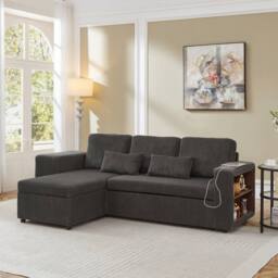 Matteo L-Shaped Convertible Sofa Bed with Storage & Charging Station in Grey - thumbnail 8