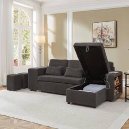 Matteo L-Shaped Convertible Sofa Bed with Storage & Charging Station in Grey - thumbnail 7