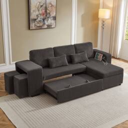 Matteo L-Shaped Convertible Sofa Bed with Storage & Charging Station in Grey - thumbnail 2