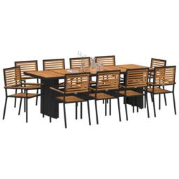 Berkfield Home 11 Piece Garden Dining Set Black Poly Rattan Acacia - thumbnail 3