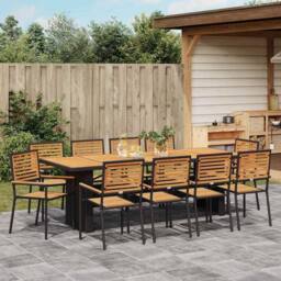 Berkfield Home 11 Piece Garden Dining Set Black Poly Rattan Acacia - thumbnail 4