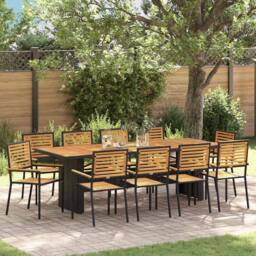 Berkfield Home 11 Piece Garden Dining Set Black Poly Rattan Acacia - thumbnail 1