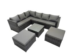 Fimous Patio Furniture Sets with Corner Sofa Coffee Table 2 Big Footstools in Dark Grey - thumbnail 1