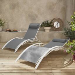 sweeek Set of 2 aluminium & textilene sun loungers, 4 reclining positions in White