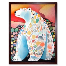 "Artery8 Wall Art Print Polar Bear With Mosaic Pattern Folk Art Framed in Brown - Size: W12"" x H16""" - thumbnail 1