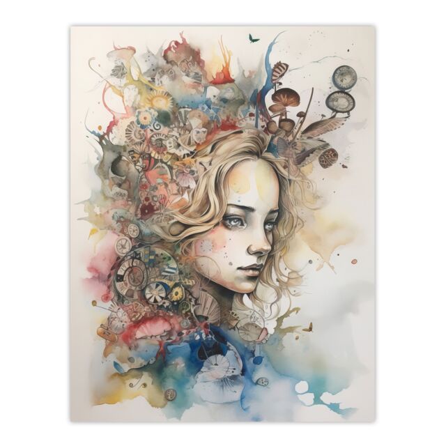 "Artery8 Wall Art Print Alice In Wonderland Portrait Watercolour Whimsical Magical Adventure Painting Poster in Beige - Size: W24"" x H32""" - image 1