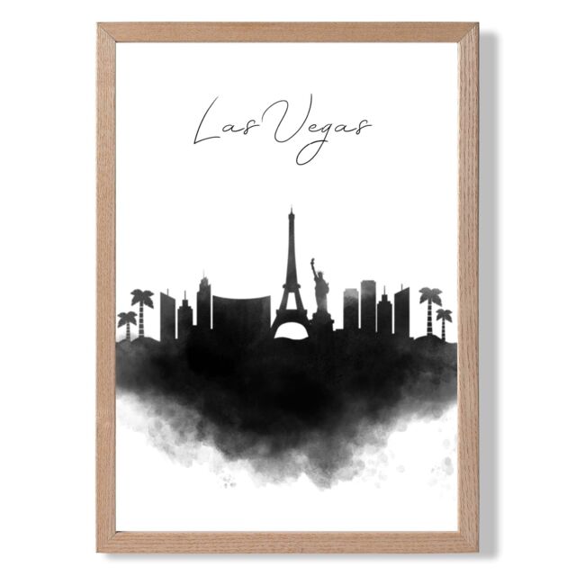 ARTZE Las Vegas Watercolour Skyline City Framed Print SIZE: A4 with Oak Frame in Black - image 1