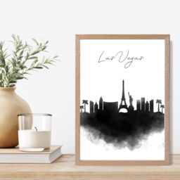 ARTZE Las Vegas Watercolour Skyline City Framed Print SIZE: A4 with Oak Frame in Black - thumbnail 2