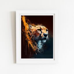 "Warren Reed - Designer Cheetah Face Splashart Dark Background Framed Art Print in White - Size: W8"" x H10""" - thumbnail 2