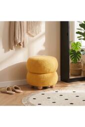 Living and Home Round Teddy Fleece Upholstered Footstool in Yellow - thumbnail 1