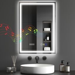 HOMCOM 500 x 700 mm Bathroom Mirror with Bluetooth Clock Lights Demister Pad in Silver - Size: 700mm x 500mm - thumbnail 2