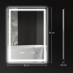 HOMCOM 500 x 700 mm Bathroom Mirror with Bluetooth Clock Lights Demister Pad in Silver - Size: 700mm x 500mm - thumbnail 3