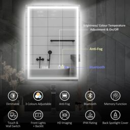 HOMCOM 500 x 700 mm Bathroom Mirror with Bluetooth Clock Lights Demister Pad in Silver - Size: 700mm x 500mm - thumbnail 4