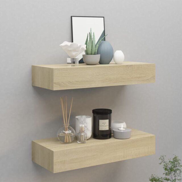 Berkfield Home Wall-mounted Drawer Shelves 2 pcs Oak 60x23.5x10cm MDF in Brown - Size: 60x23.5x10 cm - image 1