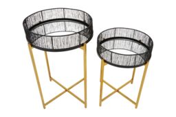 Orsina Set Of Two Black Wire & Gold Frame Tables, Modern Round Nesting Tables For Living Room - thumbnail 3
