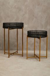 Orsina Set Of Two Black Wire & Gold Frame Tables, Modern Round Nesting Tables For Living Room - thumbnail 2