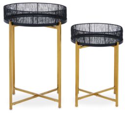 Orsina Set Of Two Black Wire & Gold Frame Tables, Modern Round Nesting Tables For Living Room