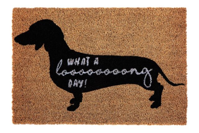 Orsina What A Long Day' Sausage Dog Doormat, Humorous Coir Mat With Dachshund Print & PVC Backing, Durable in Natural - Size: 100 cm diameter - image 1