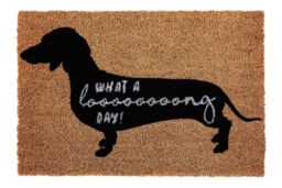 Orsina What A Long Day' Sausage Dog Doormat, Humorous Coir Mat With Dachshund Print & PVC Backing, Durable in Natural - Size: 100 cm diameter - thumbnail 1