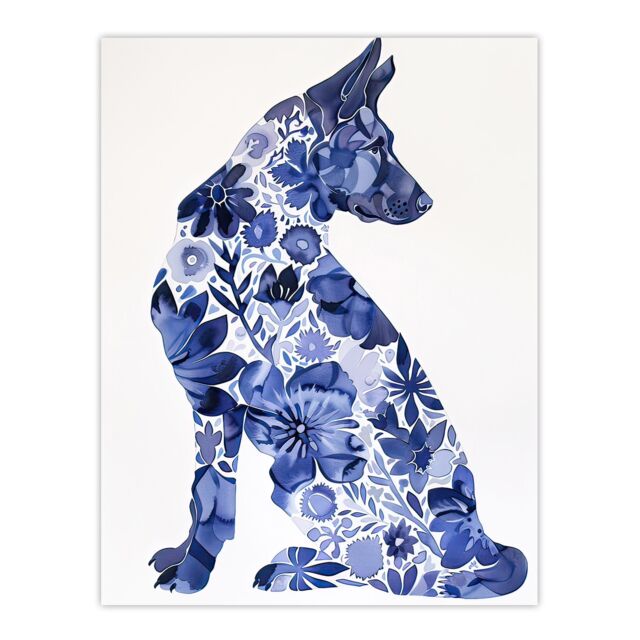"Artery8 Blue German Shepherd Floral Pattern Watercolour Wall Art Print - Size: W24"" x H32""" - image 1
