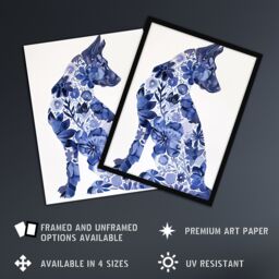 "Artery8 Blue German Shepherd Floral Pattern Watercolour Wall Art Print - Size: W24"" x H32""" - thumbnail 2