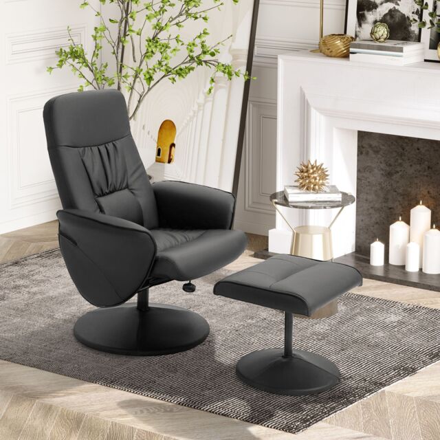 HOMCOM 2 Pcs Reclining Armchair Ottoman 360° Swivel Home Furniture PU Leather in Black - image 1