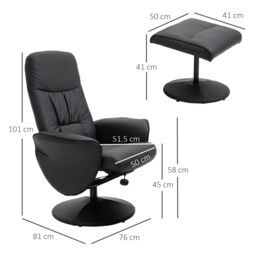 HOMCOM 2 Pcs Reclining Armchair Ottoman 360° Swivel Home Furniture PU Leather in Black - thumbnail 3