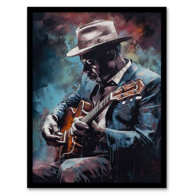 Artery8 Wall Art Print Ragtime Blues Watercolour Artwork Musician Playing Acoustic Guitar Portrait Painting Art Framed in Blue - Size: A4 - image 1