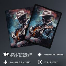 Artery8 Wall Art Print Ragtime Blues Watercolour Artwork Musician Playing Acoustic Guitar Portrait Painting Art Framed in Blue - Size: A4 - thumbnail 2
