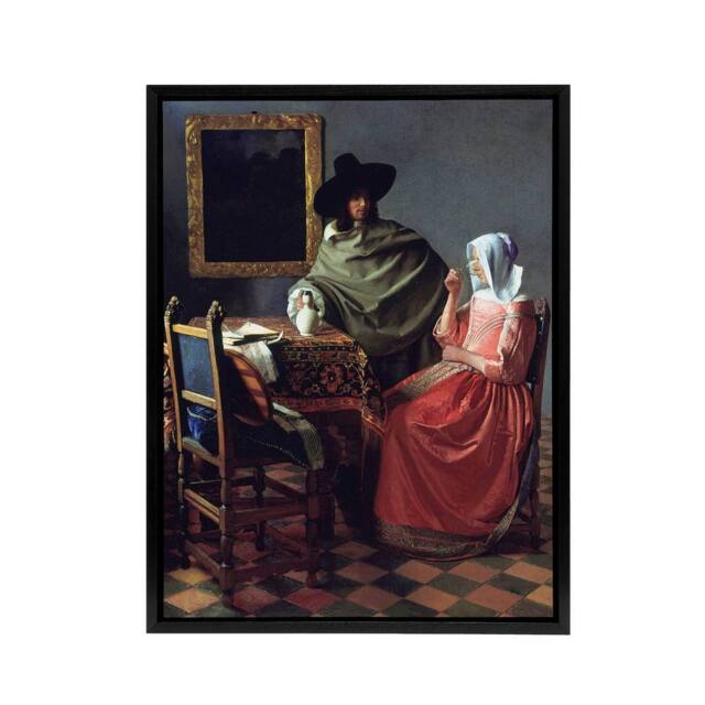 "Artery8 The Wine Glass Cropped Painting Vermeer Vintage Framed Canvas Wall Art - Size: W18"" x H24""" - image 1